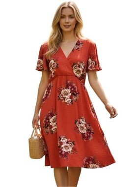 Jody California Orange Summer Beachy Floral Print V-neck Midi Boho Dress  Sz L